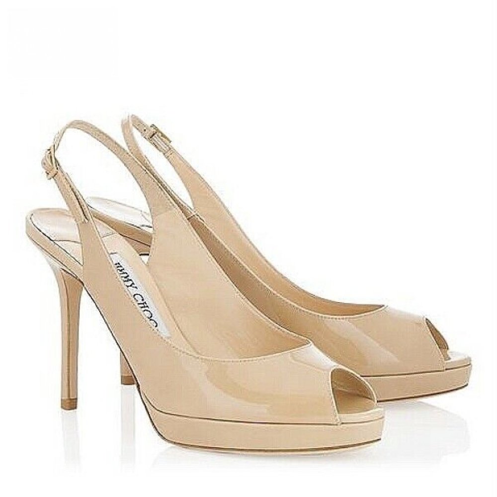 JIMMY CHOO Nude Nova Patent Leather Slingback Platforms Size 37.5
